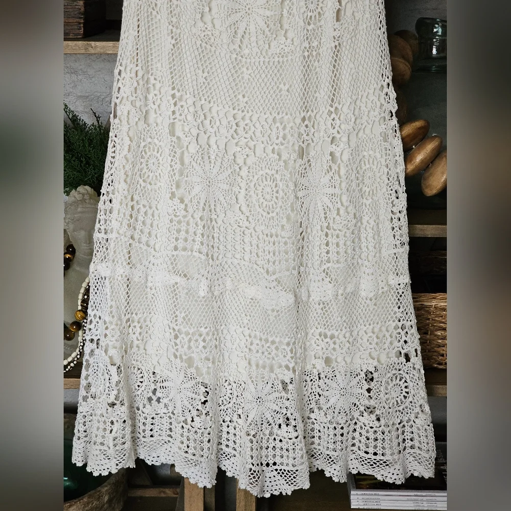 Pat Dahnke Made In Texas Cotton Crochet Maxi Skirt in Cream M/L - Picture 5 of 8